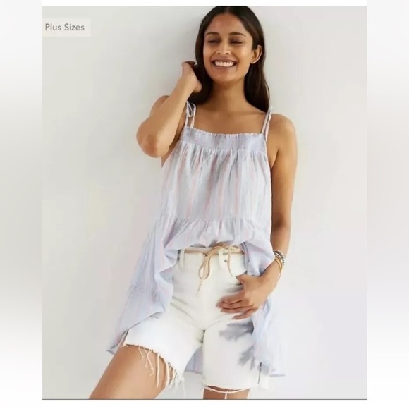 ANTHROPOLOGIE Pink & Blue Stripe Gauze Tiered Striped Tank Tunic Top Striped XS - Picture 3 of 13